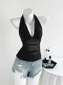 Elamini 女士黑色波点露背修身上衣，适合野餐、约会和休闲穿着 - 黑色 - 查看 3
