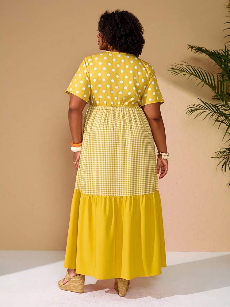 Plus Size Women Polka Dot & Plaid Print Short Sleeve Casual Dress For Summer/ Vacation Summer Dress  Summer Outfits Summer Clothes Spring Dress Spring Outfit Women Spring Clothing Floral Dress Floral Dresses For Women Beach Vacation Outfits For Women Vacation Dress Bohemian Plus Size Yellow Dress Plus Size Vacation Dress, Summer Dresses