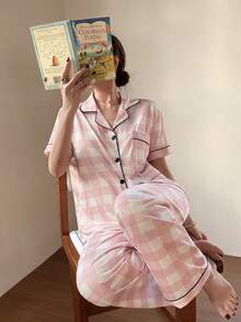 SHEIN Napfluff Pink & White Plaid Print Pattern Women Short Sleeve Pajama Set - Multicolor - View 4