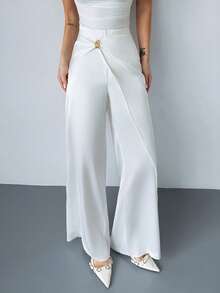 Firerie 女士优雅休闲日常装，都市通勤办公，白色缎面中长裹身裙裤，金属扣装饰，宽松阔腿裤，教师，机场，新款春夏秋冬女士裤装，约会，度假，休闲，时尚百搭白色阔腿裤 - 白色 - 查看 5