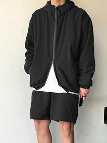 DAZY Solid Dark Grey Long Sleeve Jacket Paired With Shorts, Men's Commuter Outfit, Spring/Summer - Dark Grey - View 4