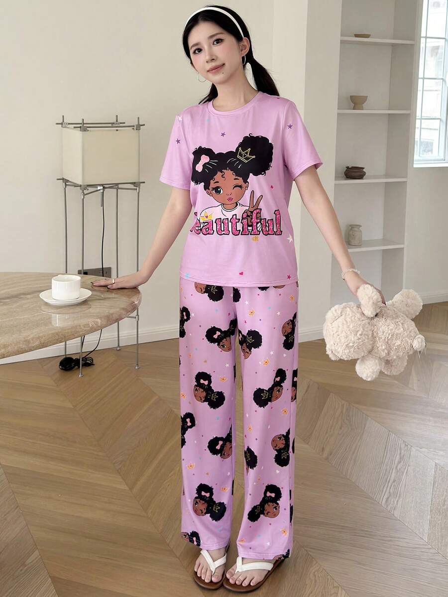 SHEIN 少女卡通印花针织短袖上衣和睡裤睡衣套装 - 粉色 - 查看 1