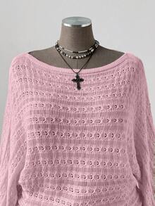 Sunspun Áo len dài tay dáng rộng, màu trơn, kiểu Bohemian/Y2K dành cho nữ, cỡ lớn, có họa tiết khoét lỗ, thích hợp cho kỳ nghỉ và mọi mùa. - Hồng - Xem 4