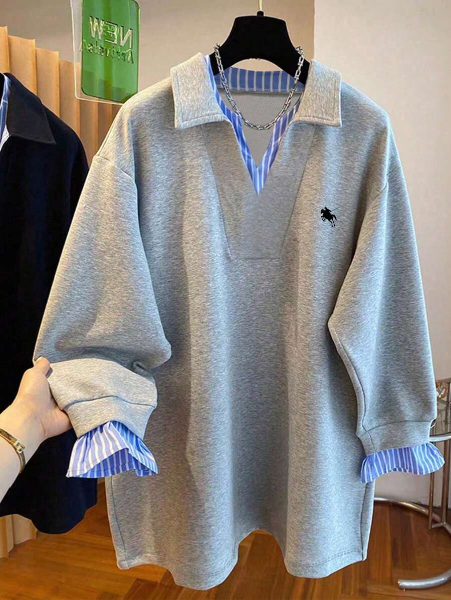 SHEIN 女式休闲落肩半拉链套头衫 - 淺灰色 - 查看 1