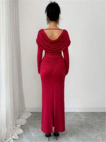 Elenzga Damen elegantes gestricktes Set mit Rüschenkragen Langarm Top + Rüschensaum Rock, geeignet für Bankette und Partys, Herbst/Winter - Bordeaux - Übersicht 2
