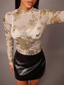 Silquee Áo tay dài bằng vải lưới xuyên thấu, cổ đứng, in họa tiết vàng, kiểu dáng ôm sát, thích hợp cho các dịp thường ngày, hẹn hò, đi chơi đêm, câu lạc bộ, tiệc tùng, phù hợp cho buổi hẹn hò hàng ngày, đi chơi đêm, câu lạc bộ, đám cưới, tiệc tùng, tiệc cocktail, hẹn hò gợi cảm. - Màu be - Xem 5