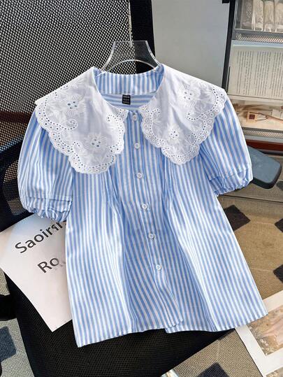 Franclia 条纹法式复古衬衫 - 大蕾丝刺绣镂空领+泡泡袖，门襟荷叶边青春设计，舒适梭织面料