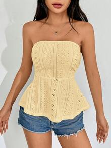 SHEIN EZwear 镂空刺绣纯色荷叶边抹胸上衣可爱黄色上衣黄色夏季上衣夏季上衣女士针织上衣女士镂空上衣黄色镂空上衣无肩带上衣浅黄色上衣荷叶边镂空上衣夏季镂空上衣无肩带镂空上衣休闲夏季上衣女士夏季无肩带上衣蕾丝边夏季上衣女士夏季上衣可爱夏季上衣 - 淡黃色 - 查看 4