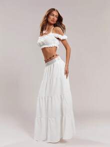 SHEIN ICON Women's Vacation Waist Contrast Lace Ruffled Hem Fashionable A-Line Skirt - White - View 5