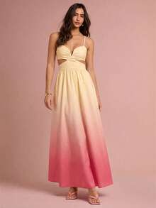 Enchnt Women's Ombre Spaghetti Strap Hollow Out Gradient Sleeveless Fashion Dress - Yellow - View 5