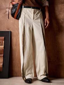AKNOTIC Business Casual 男士宽松休闲灯芯绒阔腿裤，带口袋，设计师款裤子，男士阔腿裤，西部风格裤子，褶裥裤，条纹裤，男士阔腿裤，侧开衩喇叭裤，男士针织裤，日式男士裤子 - 白色 - 查看 4