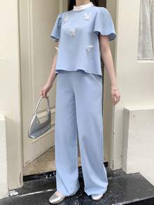 少女蝴蝶装饰圆领短袖衬衫和裤子优雅套装 - 黑與白 - 查看 5