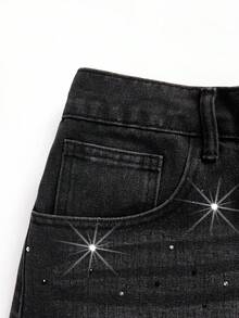 Maija Quần jeans ống rộng dáng suông, đính đá, thời trang thường ngày cho nữ, thích hợp đi làm, phong cách đường phố. - Rửa trung bình - Xem 6
