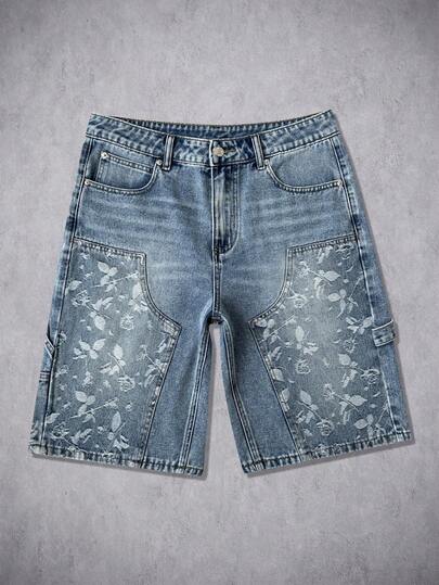 Manfinity ZONE917 Men's Hip Hop Streetwear Patchwork Design Washed Blue Denim Cargo Shorts