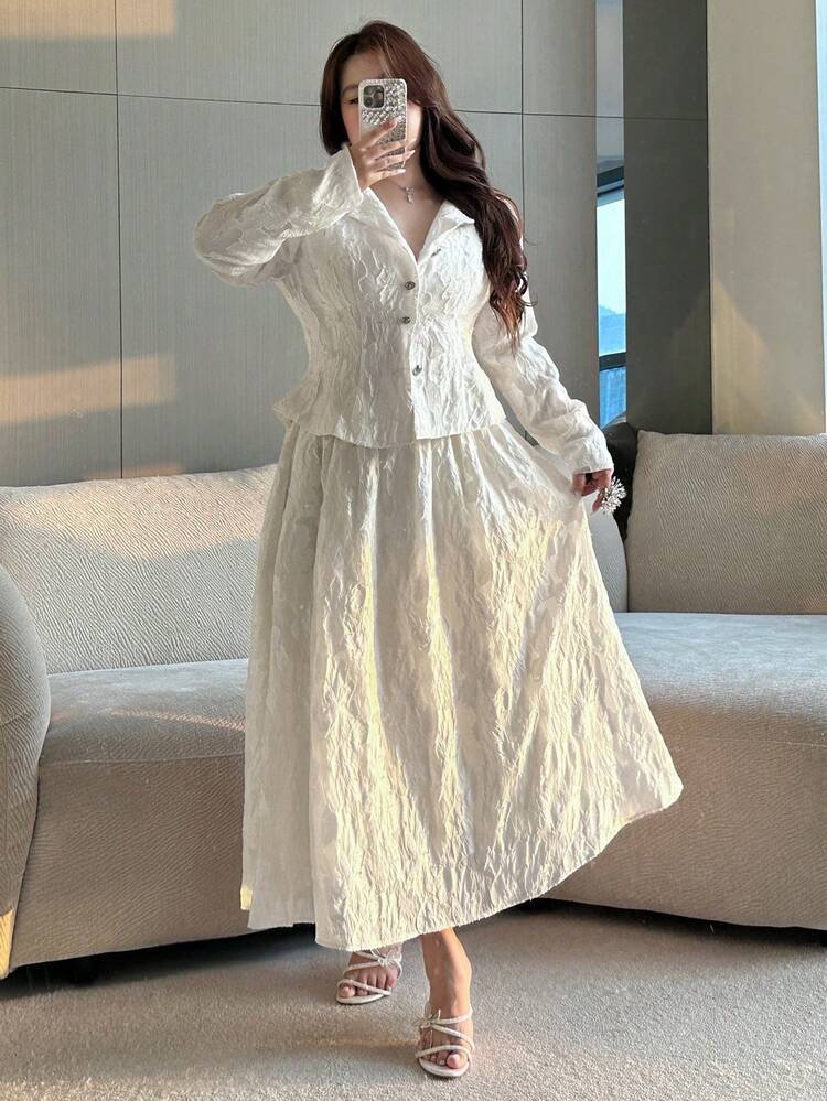 Dazy Plus Embroidered Floral Elegant Round Neck Cropped Top And A-Line Long Skirt 2-Piece Party Dress Set, Plus Size, White, Spring/Autumn