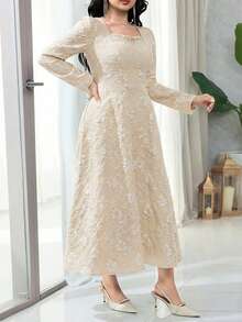 Modelyn Đầm công sở cổ điển thanh lịch chất liệu jacquard dành cho nữ - Màu Khaki - Xem 4
