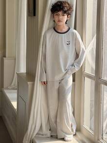 DAZY Tween Boy Cartoon Panda Letter Print Long Sleeve Top And Pants Pajama Set - Grey - View 5