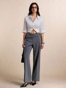 Poéselle Women's Pants Foldover Waist Pinstripe Wide-Leg Trousers – Adjustable Ring-Tie Workwear Pants Foldover Waist Pants, Pinstripe Trousers, Wide Leg Office Pants, Grey Dress Pants, Y2k Workwear, Tailored Wide Leg, Ring Belt Pants, Quiet Luxury Style Striped Fold-Over Waist Flared Leg Pants, Commuter Style Summer Outfits - Grey - View 2