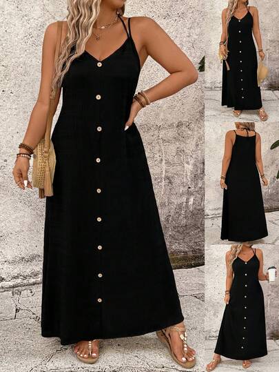 SHEIN LUNE Women's Plus Size Casual Black Criss Cross Button Front Midi Sundress With Spaghetti Straps