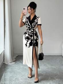 Elenzga Women's Contrast Color Print V-Neck Short Sleeve Mid-Length Dress - Multicolor - View 6