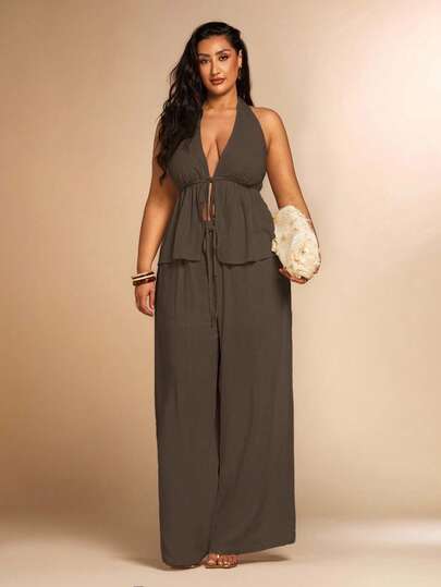 SHEIN BAE Plus Size Women's Summer Solid Color Knot Front Backless Halter Top And Wide Leg Palazzo Pants Set, Beach/Holiday Suit,2 Pieces Summer OutfitSummer Outfits For Women