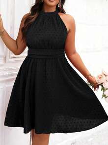 Celure Plus Swiss Dot Halter Neck Dress - Black - View 3