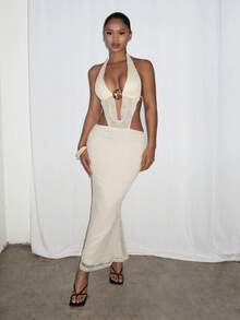 SHEIN PETITE 女士度假风深V海星印花纹理露背吊带高开衩连衣裙，米色 - 米色 - 查看 9