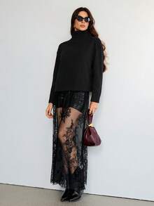 SHEIN Tall 2025 Thích hợp cho nhiệt độ 5-15°C, Có thể mặc nhiều lớp, Phong cách đô thị hiện đại, Vải ren đen, Dáng ôm eo, Đầm dài nữ, Thanh lịch & Đa năng cho trang phục hàng ngày, Đầm dự tiệc mùa xuân hè mới, Trang phục ren xuyên thấu cho nữ - màu đen - Xem 7