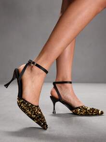 CUCCOO SZL Zapatos de mujer de tacón alto con diseño de lentejuelas brillantes para banquetes, fiestas y uso nocturno - Dorado - Ver 3