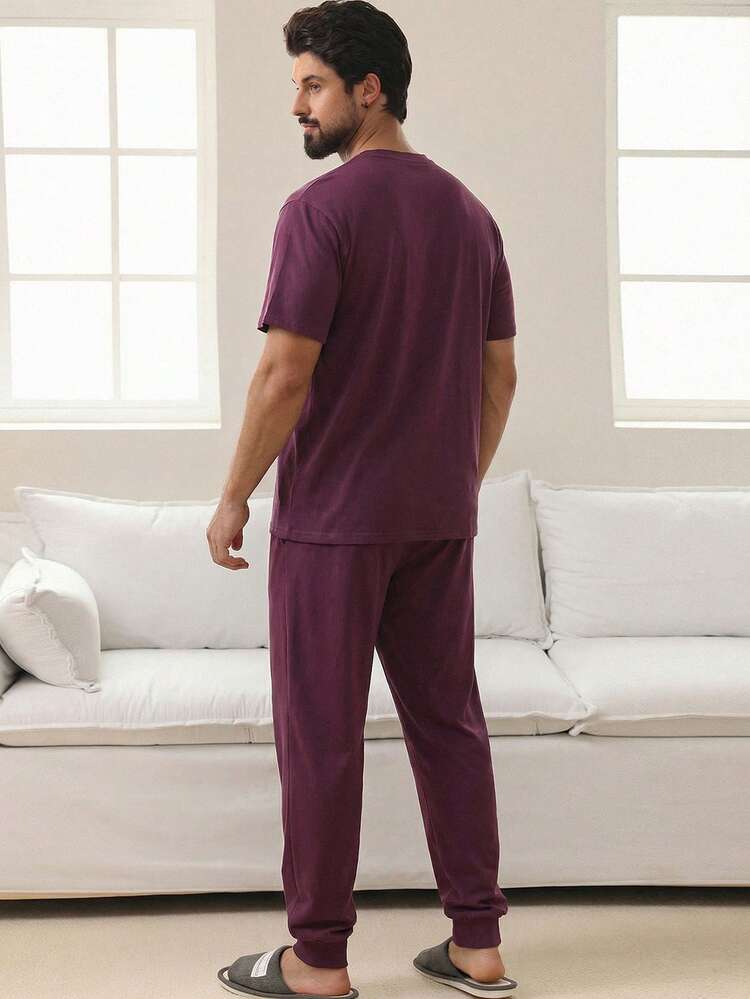 Men's Purple Short Sleeve T-Shirt And Pants Pajama Set, Spring/Summer