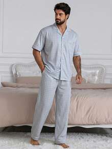 DAZY 男士短袖衬衫和裤子睡衣套装，夏季 - 藍色 - 查看 4
