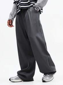 SUMWON 男士宽松褶裥阔腿西裤，腰部设计简洁利落，适合办公室、商务休闲及正式场合穿着。 - 灰色 - 查看 3