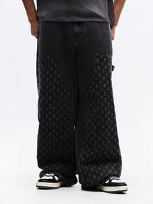 SUMWON Oversized Wide Leg Carpenter Blocking Jeans With Small Floral Print Pattern Contrast Denim Panels Utility Pockets Relaxed Fit Casual - Black - View 3