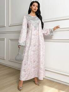 Al Najma Women's Floral Pattern V-Neck Long Sleeve Elegant Arabic Dress - Mauve Purple - View 6