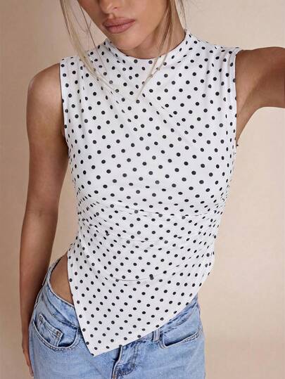 SHEIN BAE Damen Polka Dot Muster Stehkragen asymmetrischer Saum Mode Trägertop