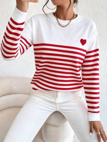 EMERY ROSE Valentine's Day Heart Striped Long Sleeve Digital Print T-Shirt