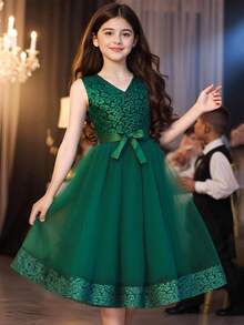 適合十幾歲女孩的綠色提花網紗連衣裙 - 綠色 - 查看 1