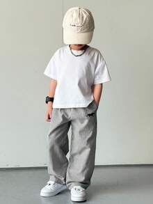 SHEIN 男童休闲街头风条纹梭织长裤，带口袋，直筒裤型，轻便舒适，适合外出、度假、摄影、上学、运动、聚会等多种场合，春夏皆宜。 - 黑色 - 查看 4