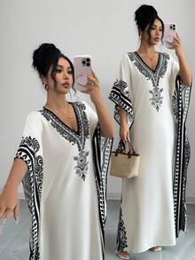 Rafferiza 女士优雅几何印花宽松圆领连衣裙，适合通勤、春夏穿着 - 彩色 - 查看 3