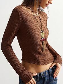 Bohemela Women Casual Solid Color Knit Boat Neck Long Sleeve Top - Mocha Brown - View 5
