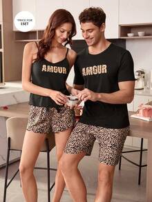 CoupledUp Bộ đồ ngủ nam tay ngắn, quần short, họa tiết da báo, chữ cái, kiểu dáng thường ngày. - Nhiều màu - Xem 7