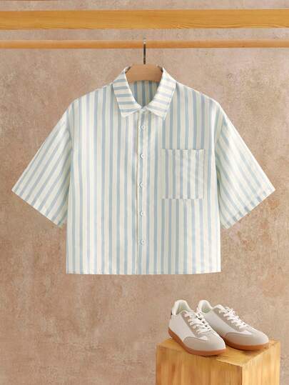 HIMLAND Men's Striped Short Sleeve Single-Breasted Casual Pocket Shirt, Men's Striped Camp Collar Short Sleeve Shirt, Vintage Style Vertical Stripe Beach Top, Breathable Linen Summer Shirt Men, Relaxed Fit Vacation Button Down Shirts, Blue White Stripe Resort Wear For Men, Casual Lapel Neck Bowling Shirt, The Summer Essential: Men's Relaxed Fit Striped Camp Collar Shirt For Beach & Resort, Men Shirts