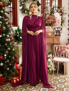 VOLUPTÉ CURVE Maxi-Kleid in Große Größen aus Chiffon, eleganter hochwertiger Göttin-Stil, V-Ausschnitt, Fledermausärmel, geraffte Taille, Kettendekoration, mehrstufiger Rock, geeignet für Valentinstag, formelle Anlässe, Bankette, romantische Stimmung - Bordeaux - Übersicht 4