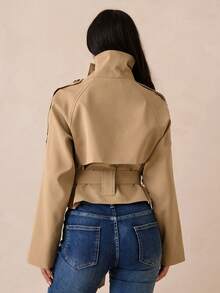 SHEIN Glamour Women's Khaki High Collar Windbreaker, Elegant Casual Short Straight Loose Fit Double-Breasted Trench Coat, Spring/Summer Women's Jacket - Khaki - View 3