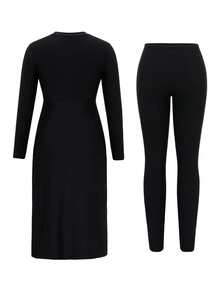 Swim Mulvari 2pcs Women's New Spring/Summer High Neck Long Sleeve High Slit Ruffle Top And Long Pants Swimsuit, Middle East Beach Cruise Vacation Swimwear, Sun Protection Casual Beach - Black - View 8