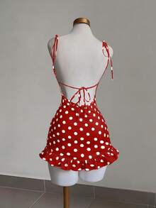GlowEve 女士浪漫约会复古甜美性感波点深V领交叉系带蝴蝶结露背荷叶边下摆红色迷你连衣裙 - 紅色 - 查看 3