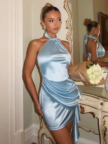 Glamine Women's Light Blue Halter Tie Bodycon Mini Dress, Elegant Date Night Cold Shoulder Fitted Short Dress, Stretchy Bodycon Spring/Summer Dress - Baby Blue - View 1