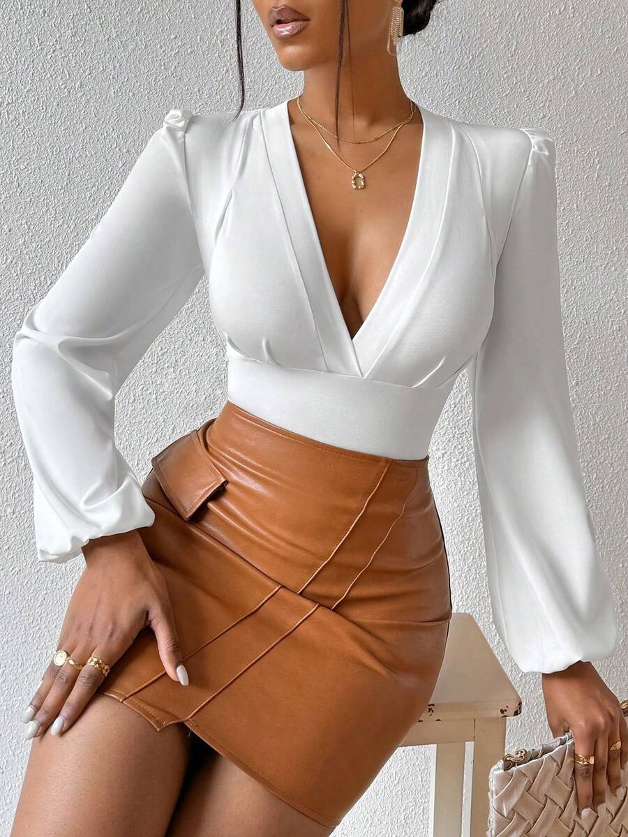 SHEIN PETITE Women's V-Neck Ruffle Long Puff Sleeve Fitted Blouse, Commuter Style, Spring/Summer - White - View 1