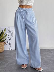 SHEIN EZwear Summer Outfits  Women's Blue Striped Woven Tie-Front Casual Pants - Blue and White - View 3