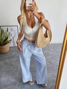 SHEIN EZwear Summer Outfits  Women's Blue Striped Woven Tie-Front Casual Pants - Blue and White - View 5